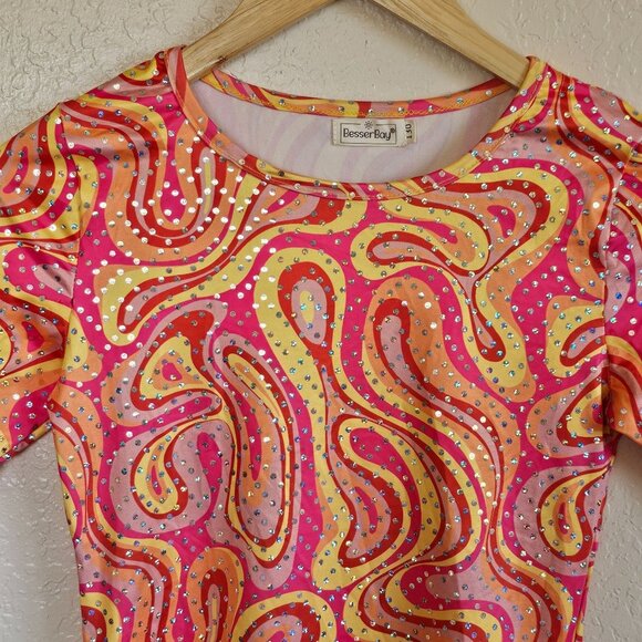 Retro 70s-Inspired Bell Sleeve Dress Swirl Print Pink/Orange/Yellow Besser Bay - Picture 3 of 8